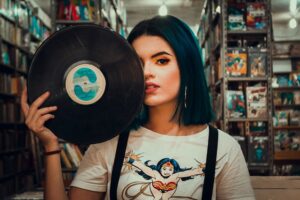 woman, vinyl, library, books, style, brunette, young, person, face, vinyl, vinyl, vinyl, vinyl, vinyl