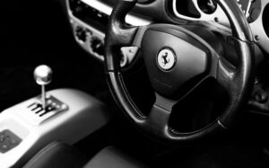 ferrari 360, ferrari, automobile, steering wheel, supercar, interior, car interiors, car, vehicle, auto, luxury, modern, speed, fast, transportation, power, design, sportscar, automotive, technology, steering, luxury car, monochrome, car wallpapers, black and white